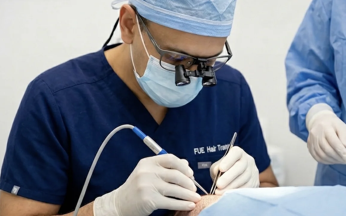 Dr Anzal Qurbain performing FUE hair transplant at Harley Street
