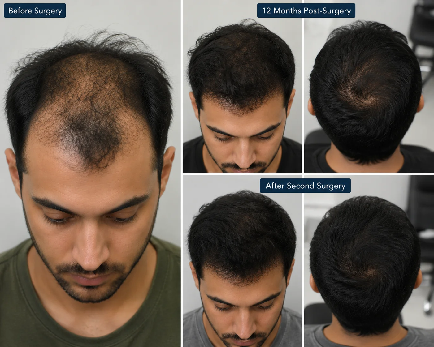 FUE Hair Transplant Two Sessions Before and After — 12 Months and After Second Surgery